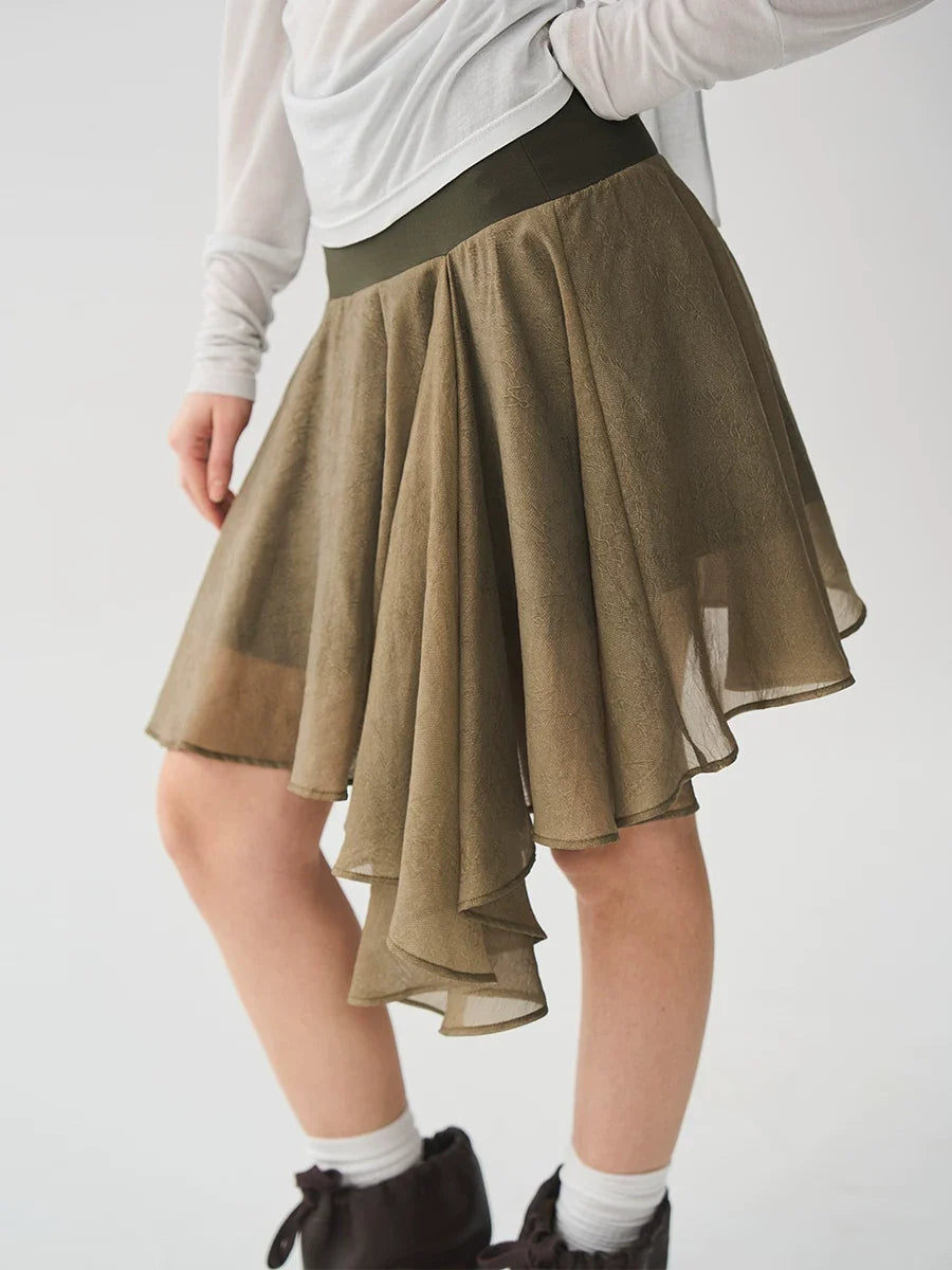 Kybecs| Tencel Jacquard Elastic Waist Spliced Irregular Cut Sheer Skirt for Women