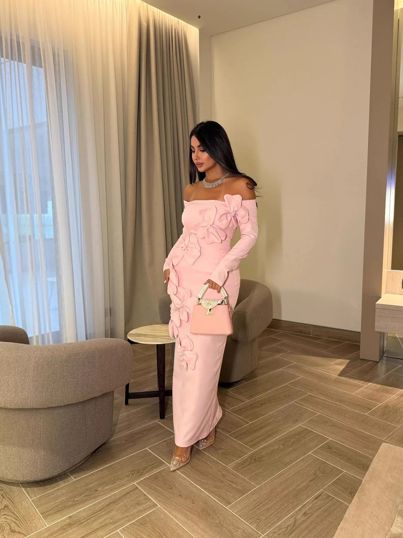 Kybecs| One-Shoulder Long Sleeve Evening maxi Dress with Floral Detail – Elegant Slim Fit Prom Style