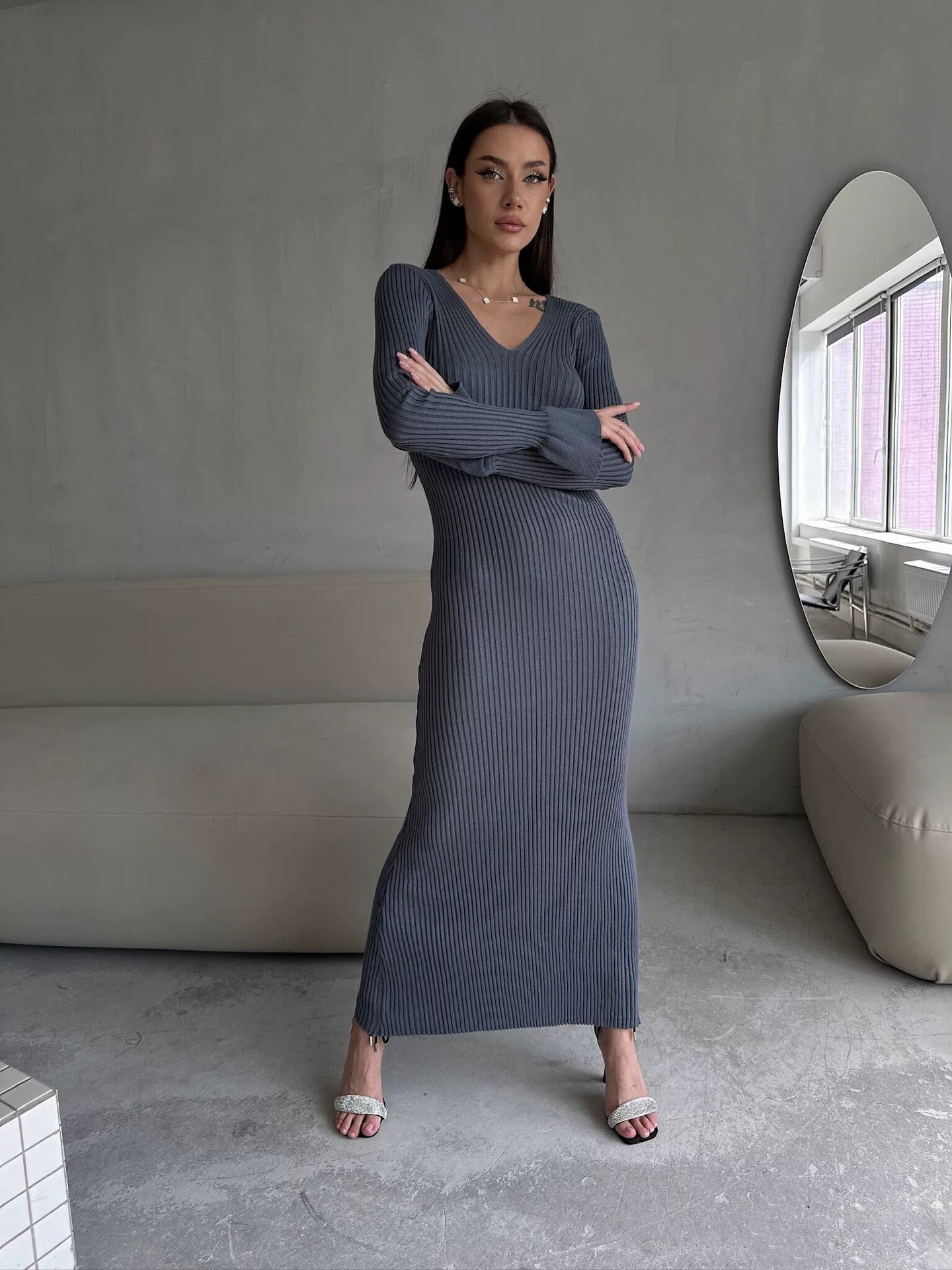 Kybecs| V-Neck Long Sleeve Knit Maxi Dress for Women – Slim Fit Autumn & Winter Style