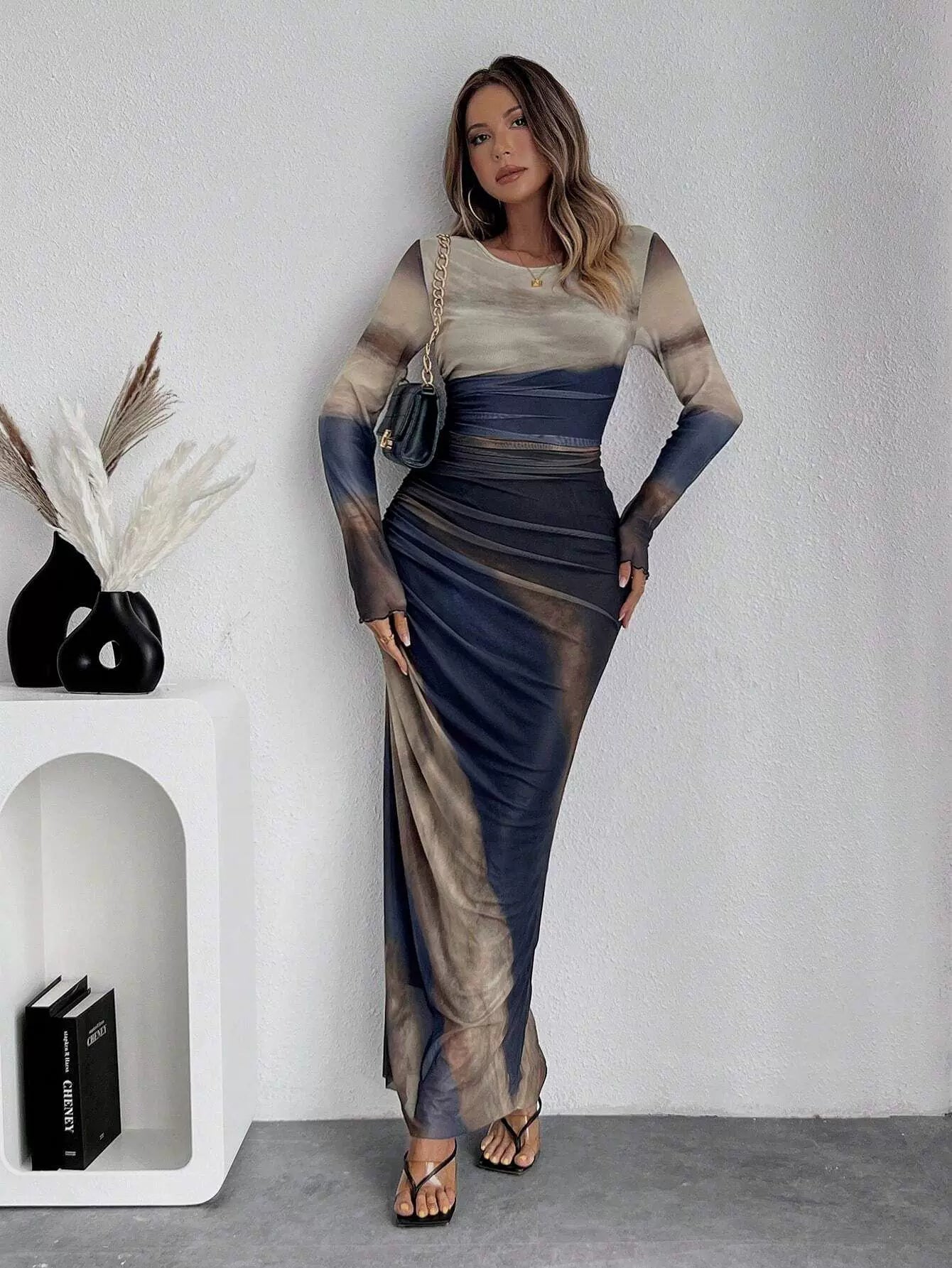 Kybecs| Tie-Dye Pleated Slim Fit maxi Dress for Women – Elegant Long Sleeve Commuter Style