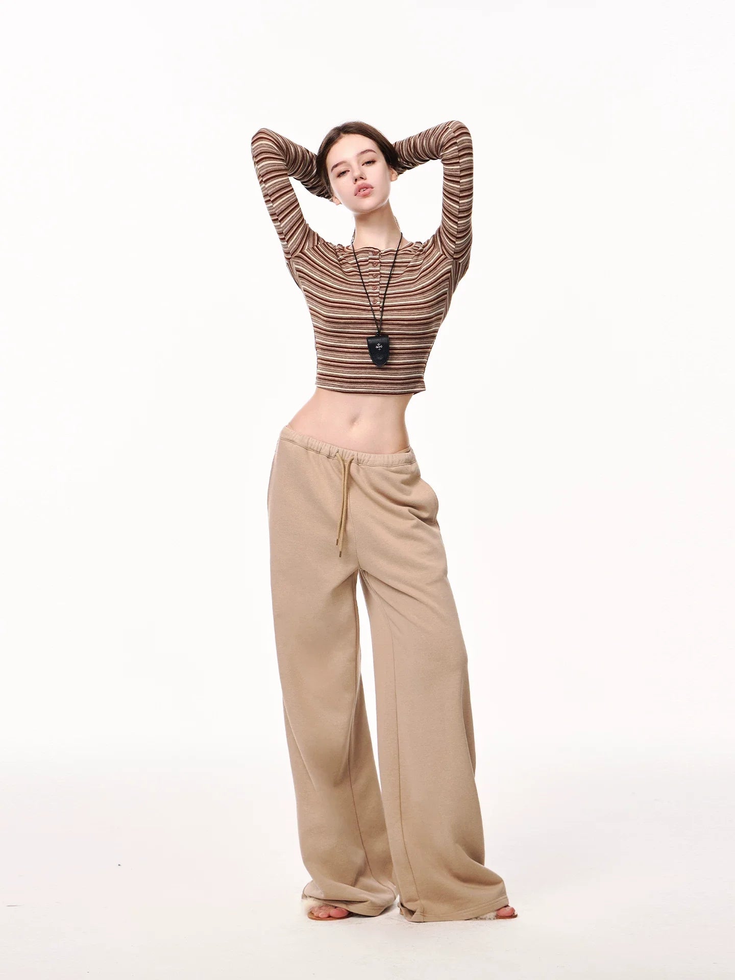 Kybecs | American Striped Slim Knit Top Round Neck Long Sleeve Right Shoulder Detail