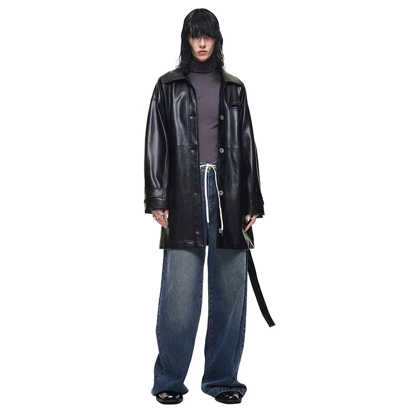 Kybecs | Women’s Black Mid-Length PU Leather Windbreaker with Lace-Up Detail