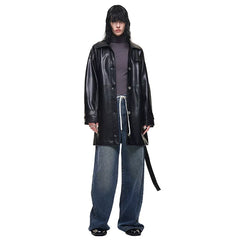 Kybecs | Women’s Black Mid-Length PU Leather Windbreaker with Lace-Up Detail