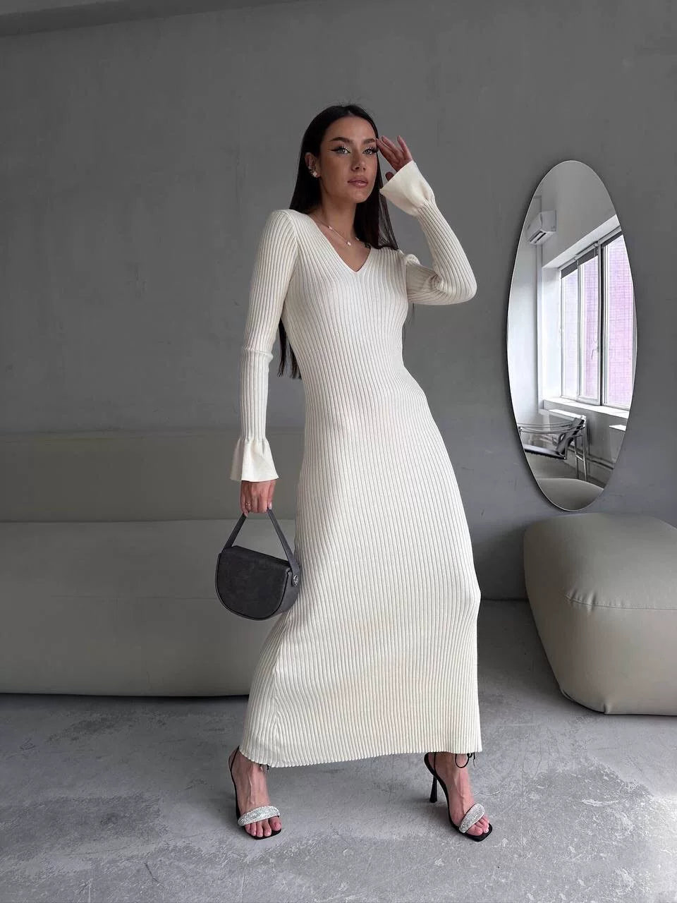 Kybecs| V-Neck Long Sleeve Knit Maxi Dress for Women – Slim Fit Autumn & Winter Style