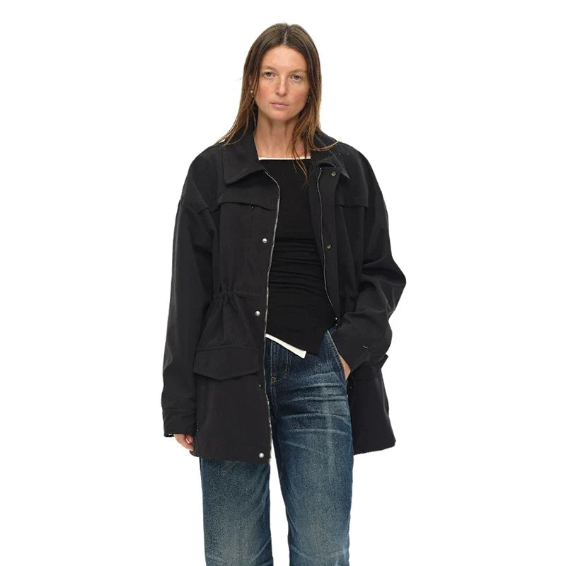 Kybecs | Women’s Black Mid-Length Thickened Windbreaker Jacket with Adjustable Drawstring