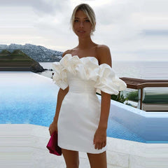 Kybecs | One-Shoulder Ruffle Backless White Slim Party mini Dress