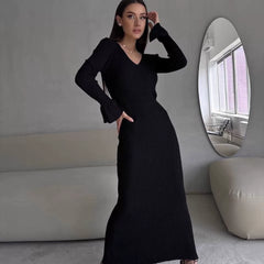 Kybecs| V-Neck Long Sleeve Knit Maxi Dress for Women – Slim Fit Autumn & Winter Style