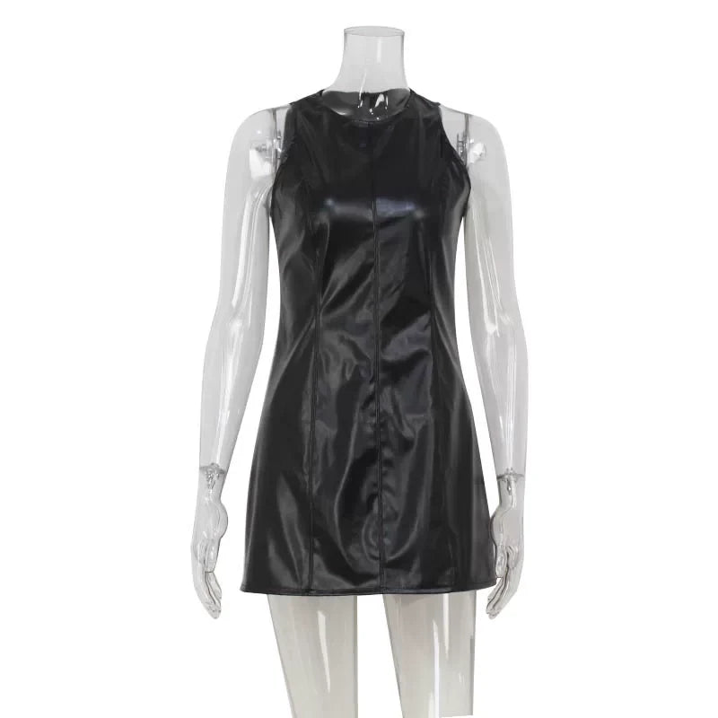 Kybecs| Leather Vest Round-Neck Dress for Women – Slim A-Line Midi Skirt
