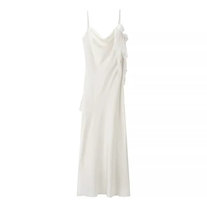 Kybecs| Satin Strappy Backless Midi Dress for Women – Floral Detail Long Dress