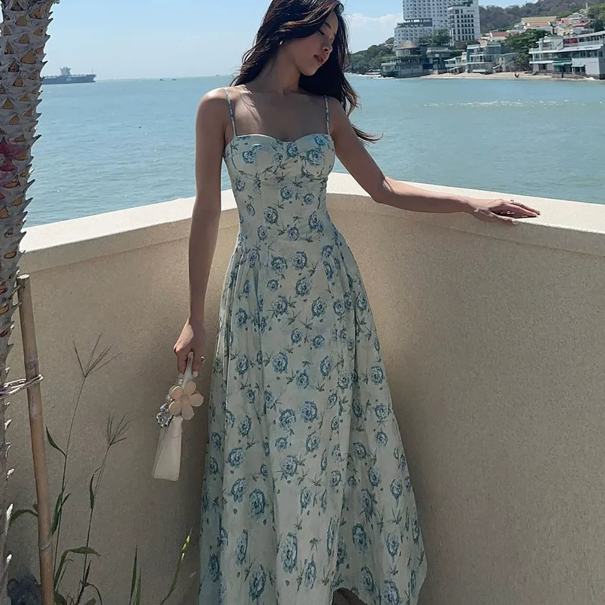 Kybecs| Rose Print Strappy maxi  Dress for Women – Waist-Defined Elegant Holiday Style