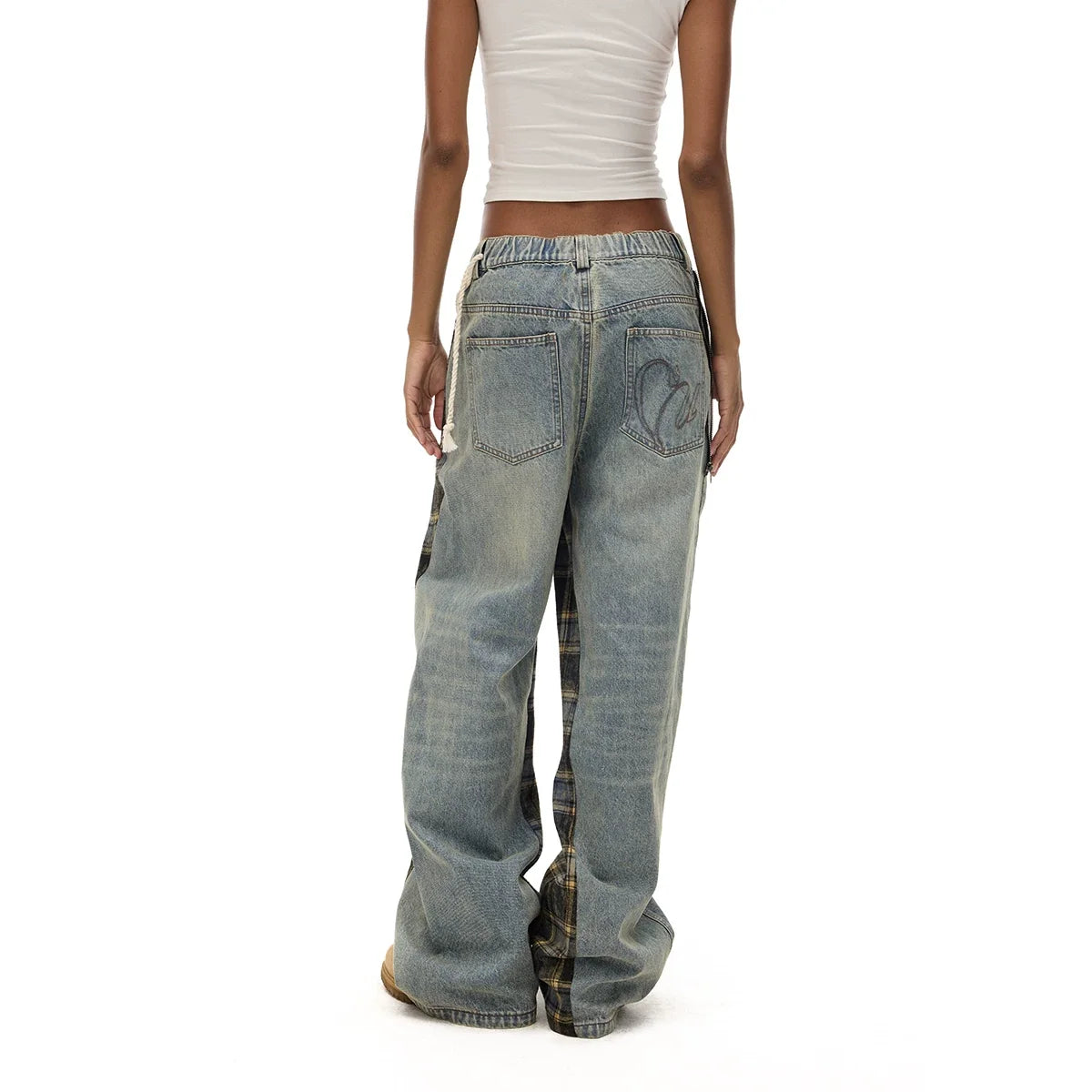 Kybecs| Women’s Plaid Denim Trousers with Detachable Girdle – Multi-Wear Fall and Winter Style