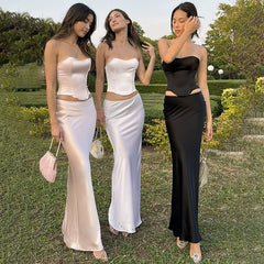 Kybecs| Satin Solid Color Midi Skirt for Women – Back Zipper Hip-Covering Design