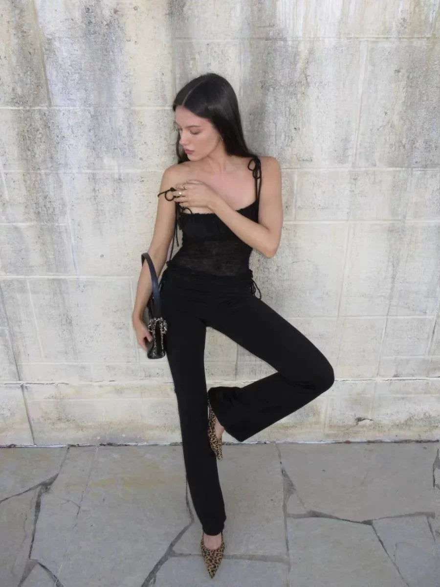 Kybecs| Women’s Black Lace Pleated Low-Waist Slim Flared Pants with Drawstring Waist