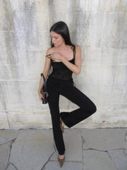 Kybecs| Women’s Black Lace Pleated Low-Waist Slim Flared Pants with Drawstring Waist