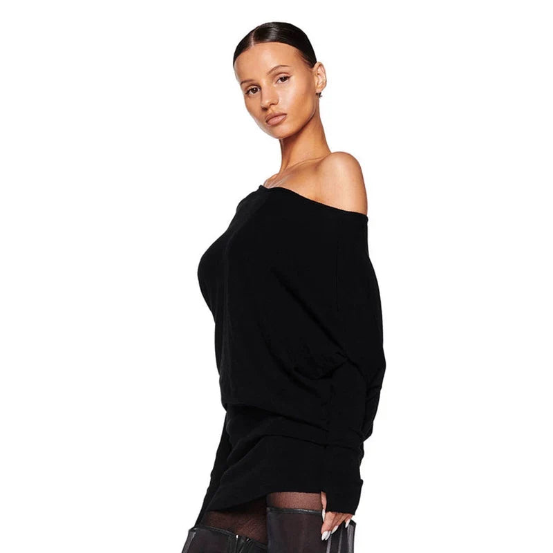 Kybecs | Soft Off-Shoulder Knit Slim Long Sleeve Mini Dress