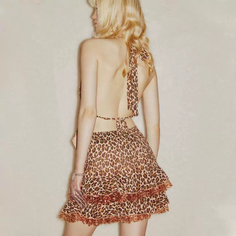 Kybecs | Leopard Print Mini Hanging Neck Sequin Skirt Dress Two-Piece Set