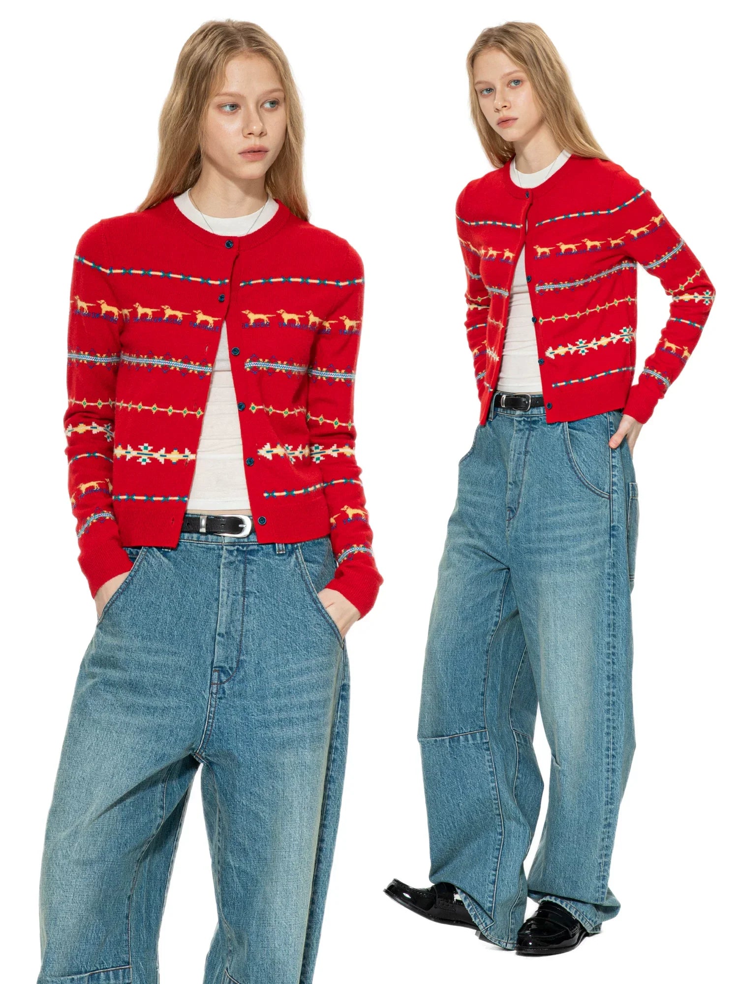 Kybecs | Women’s Red Fair Isle Knit Cardigan with Nordic Pattern