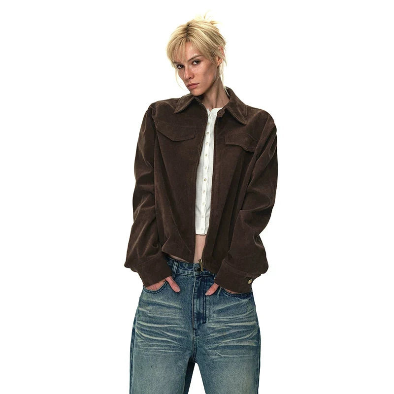 Kybecs| Women’s Brown Faux Suede Zipper Jacket – Casual Streetwear Coat