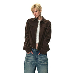 Kybecs| Women’s Brown Faux Suede Zipper Jacket – Casual Streetwear Coat