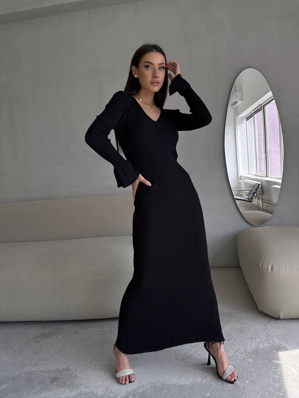 Kybecs| V-Neck Long Sleeve Knit Maxi Dress for Women – Slim Fit Autumn & Winter Style