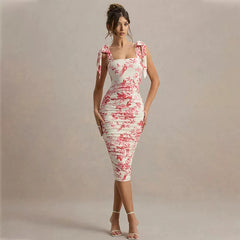 Kybecs| Floral Print Off-Shoulder Strappy Midi Dress for Women – Bow Tie Accent Long Skirt