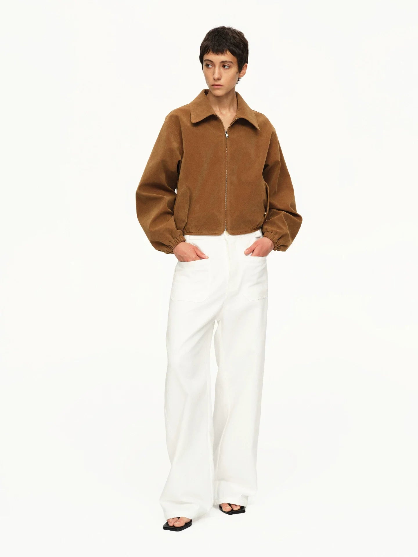 Kybecs | Women’s Khaki Suede Off-Shoulder Loose Short Jacket for Autumn and Winter