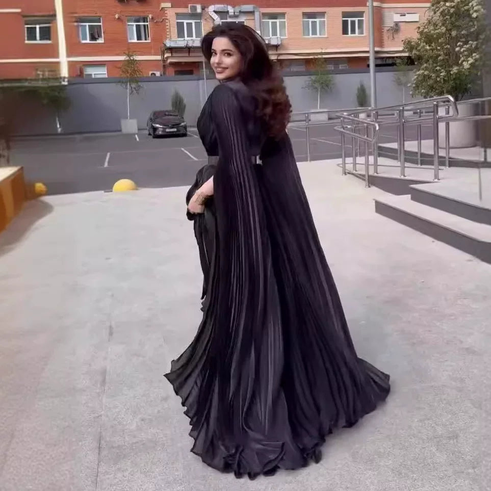 Kybecs| Solid Color Batwing Sleeve Lace-Up Waist Dress for Women – Elegant Slimming Autumn Style