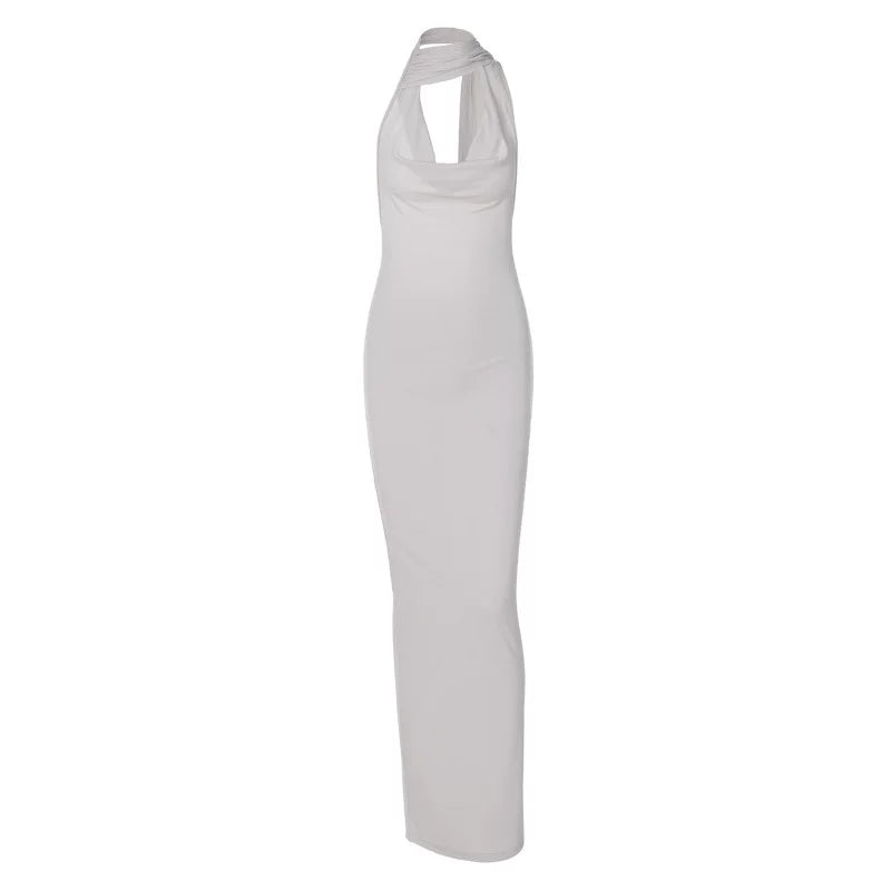 Kybecs| Solid Color Halter Neck Backless Maxi Dress for Women – Slim Fit Resort Style