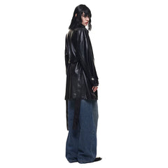 Kybecs | Women’s Black Mid-Length PU Leather Windbreaker with Lace-Up Detail