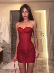 Kybecs | Red Glitter Tube Mini Dress Slim Fit Sexy Party Wear