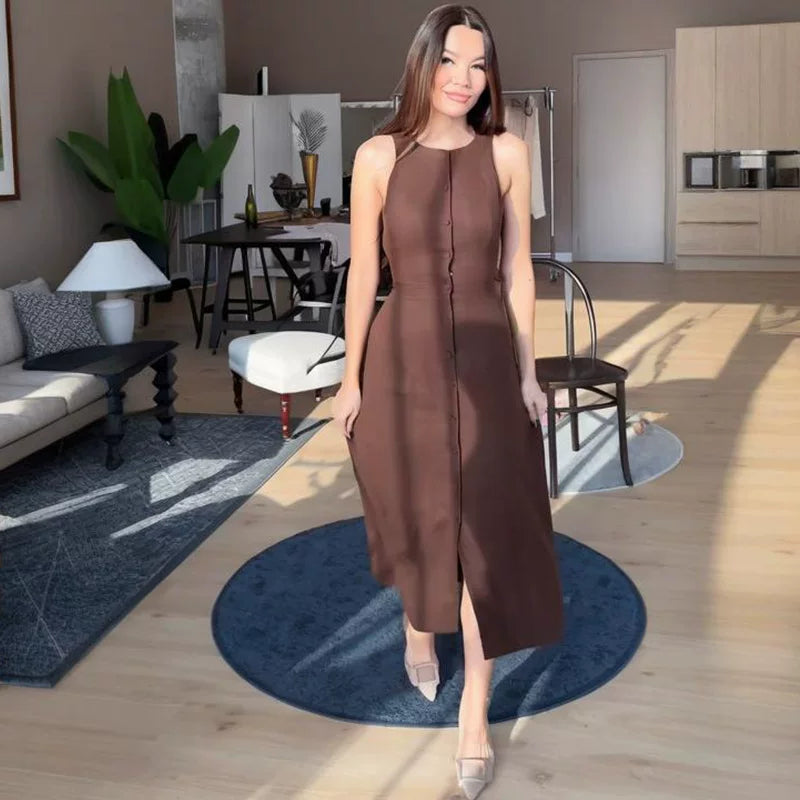 Kybecs| Sleeveless Button Waist Dress for Women – Elegant Slim Fit Summer Style