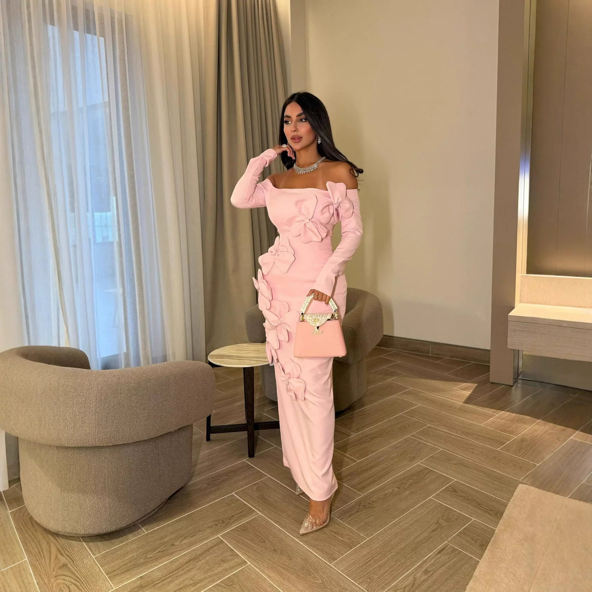 Kybecs| One-Shoulder Long Sleeve Evening maxi Dress with Floral Detail – Elegant Slim Fit Prom Style
