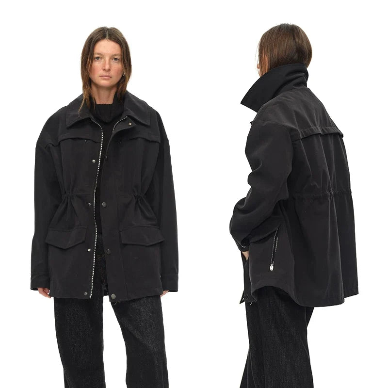 Kybecs | Women’s Black Mid-Length Thickened Windbreaker Jacket with Adjustable Drawstring