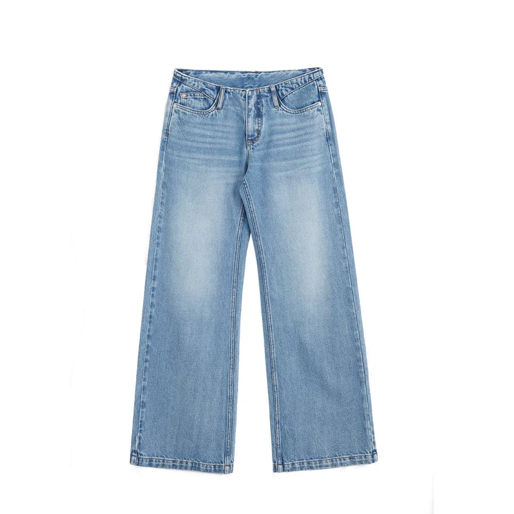 Kybecs| Women’s Summer Low-Waist Loose Fit Straight Denim Trousers – Vintage Washed Light Blue