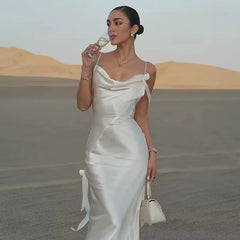 Kybecs| Satin Strappy Backless Midi Dress for Women – Floral Detail Long Dress