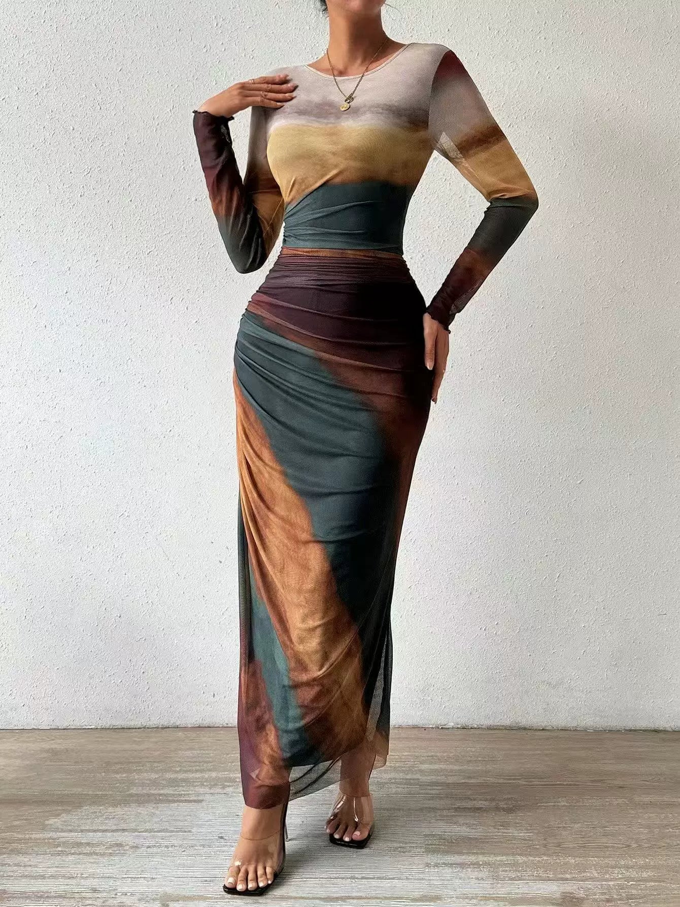 Kybecs| Tie-Dye Pleated Slim Fit maxi Dress for Women – Elegant Long Sleeve Commuter Style