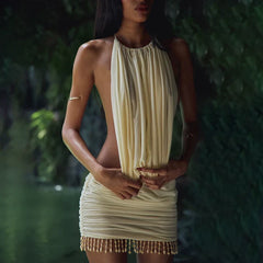 Kybecs | High-End Pearl Tassel Backless Halter Pleated Mini Dress