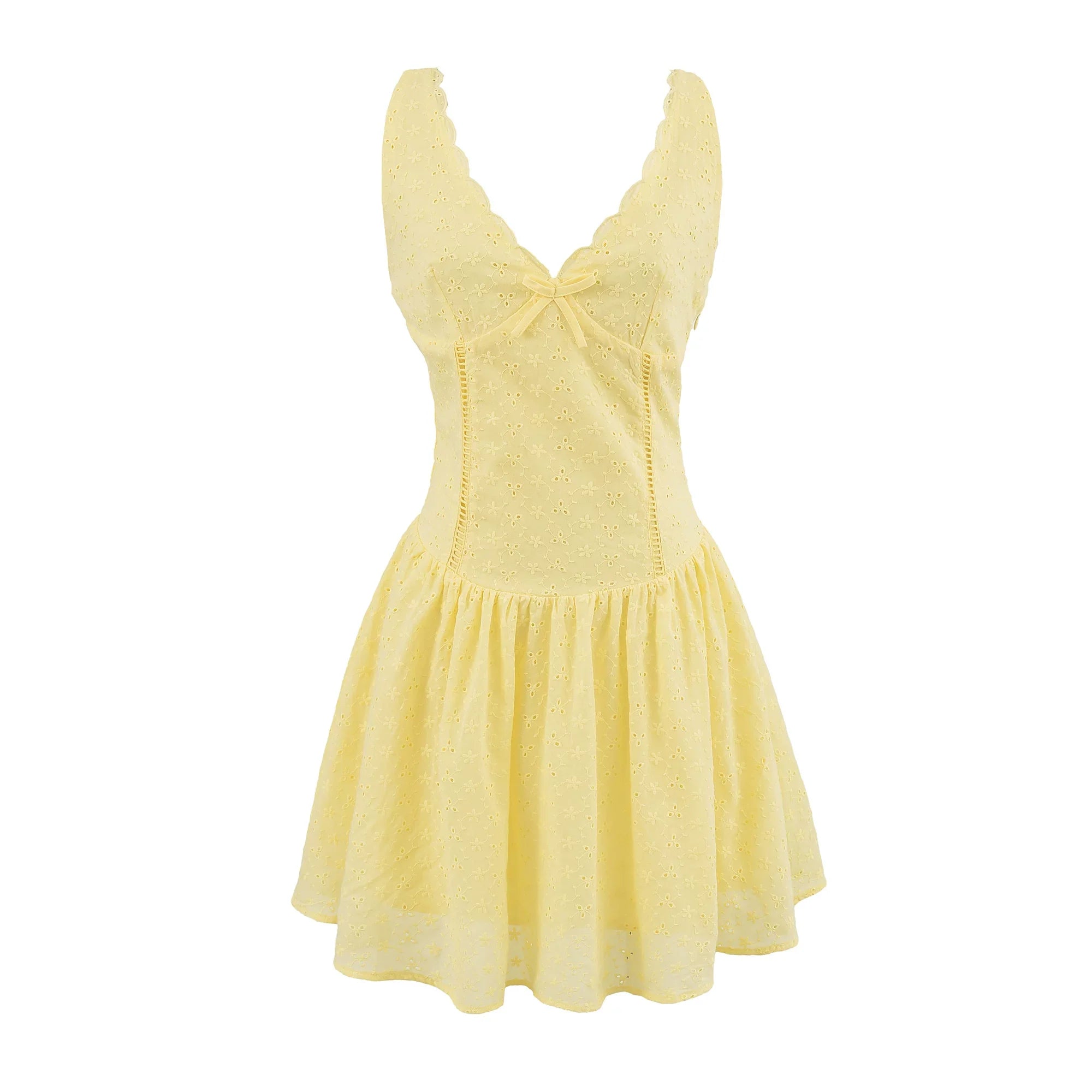 Kybecs| Deep V-Neck Lace Waist A-Line Vest Dress for Women – Bow Embroidered Midi Dress