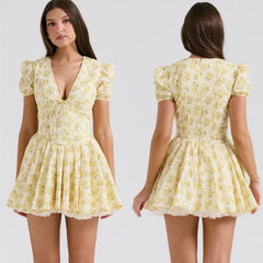 Kybecs| Yellow Floral Puff-Sleeve Deep V-Neck Midi Dress for Women – Puffy Sleeve Dress