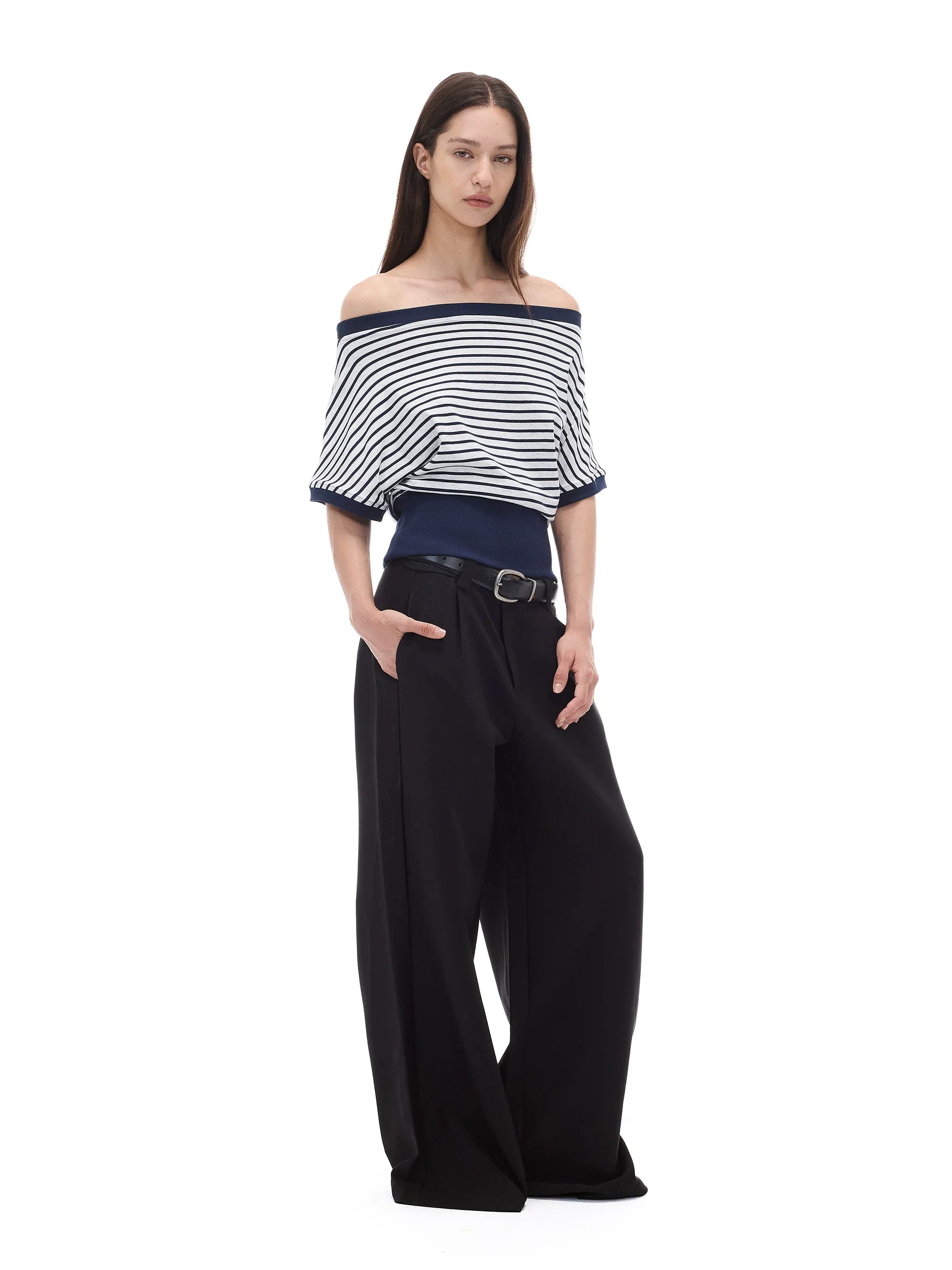 Kybecs| Black Pleated Wide-Leg Trousers for Women – Low-Waist Loose Casual Pants with Dark Pattern Design