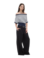 Kybecs| Black Pleated Wide-Leg Trousers for Women – Low-Waist Loose Casual Pants with Dark Pattern Design