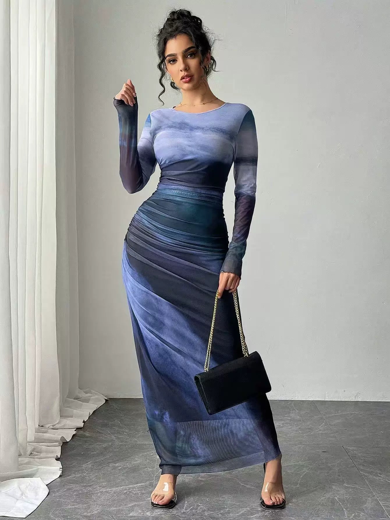 Kybecs| Tie-Dye Pleated Slim Fit maxi Dress for Women – Elegant Long Sleeve Commuter Style