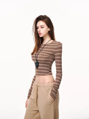 Kybecs | American Striped Slim Knit Top Round Neck Long Sleeve Right Shoulder Detail