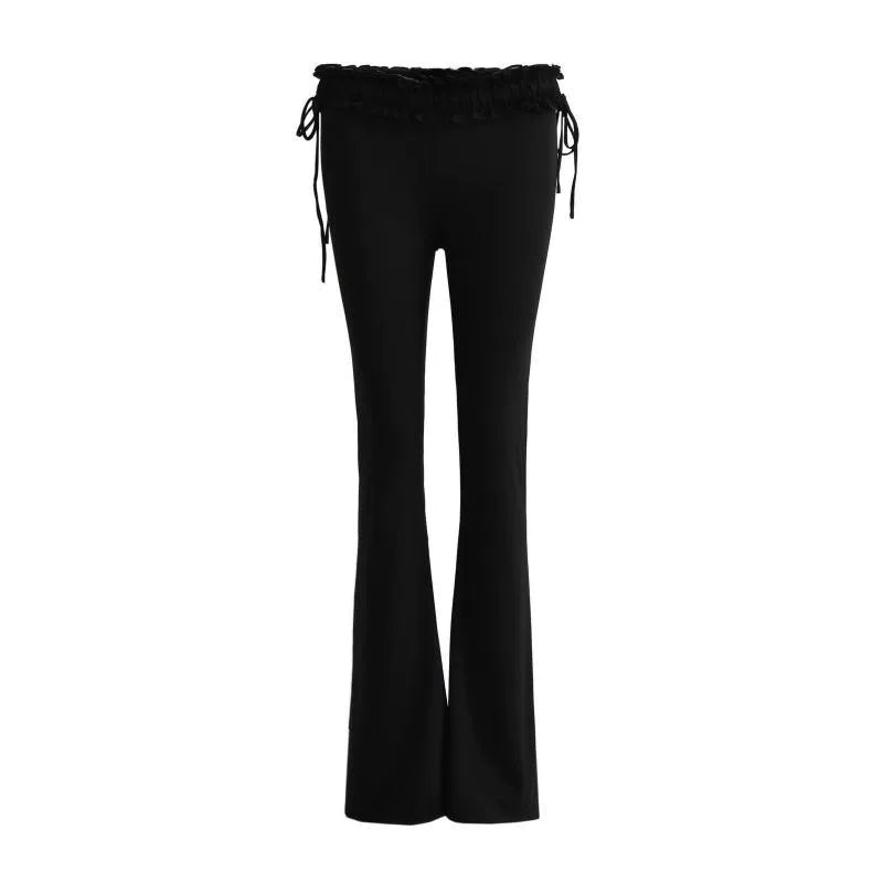 Kybecs| Women’s Black Lace Pleated Low-Waist Slim Flared Pants with Drawstring Waist