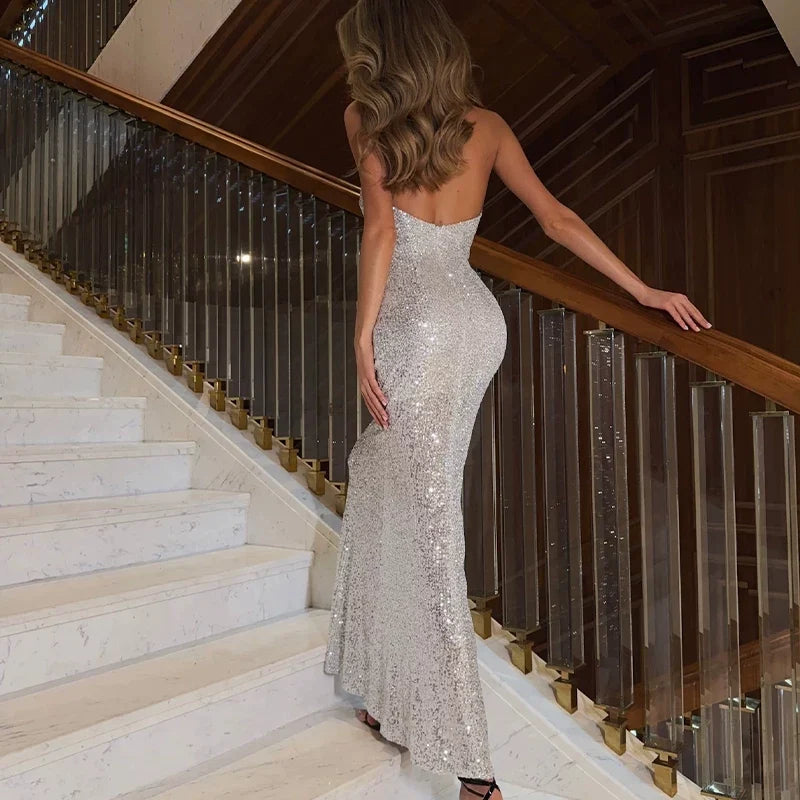 Cnyishe Temperament And High-End Hot Girl Sequin Halter Dress Sexy Backless Figure- MAXI DRESS