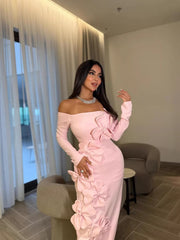 Kybecs| One-Shoulder Long Sleeve Evening maxi Dress with Floral Detail – Elegant Slim Fit Prom Style