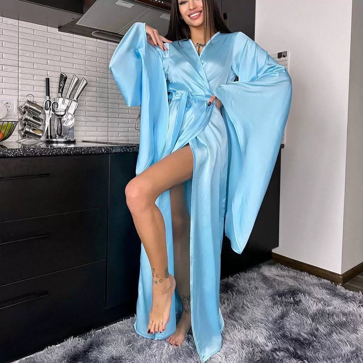 Kybecs| Women’s Strappy Lounge maxi Dress with Slit – Comfortable Autumn & Winter Home Style