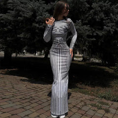 Kybecs| Printed Long-Sleeve High-Waist Midi Dress for Women – Slim Fit Rear Slit Long Skirt
