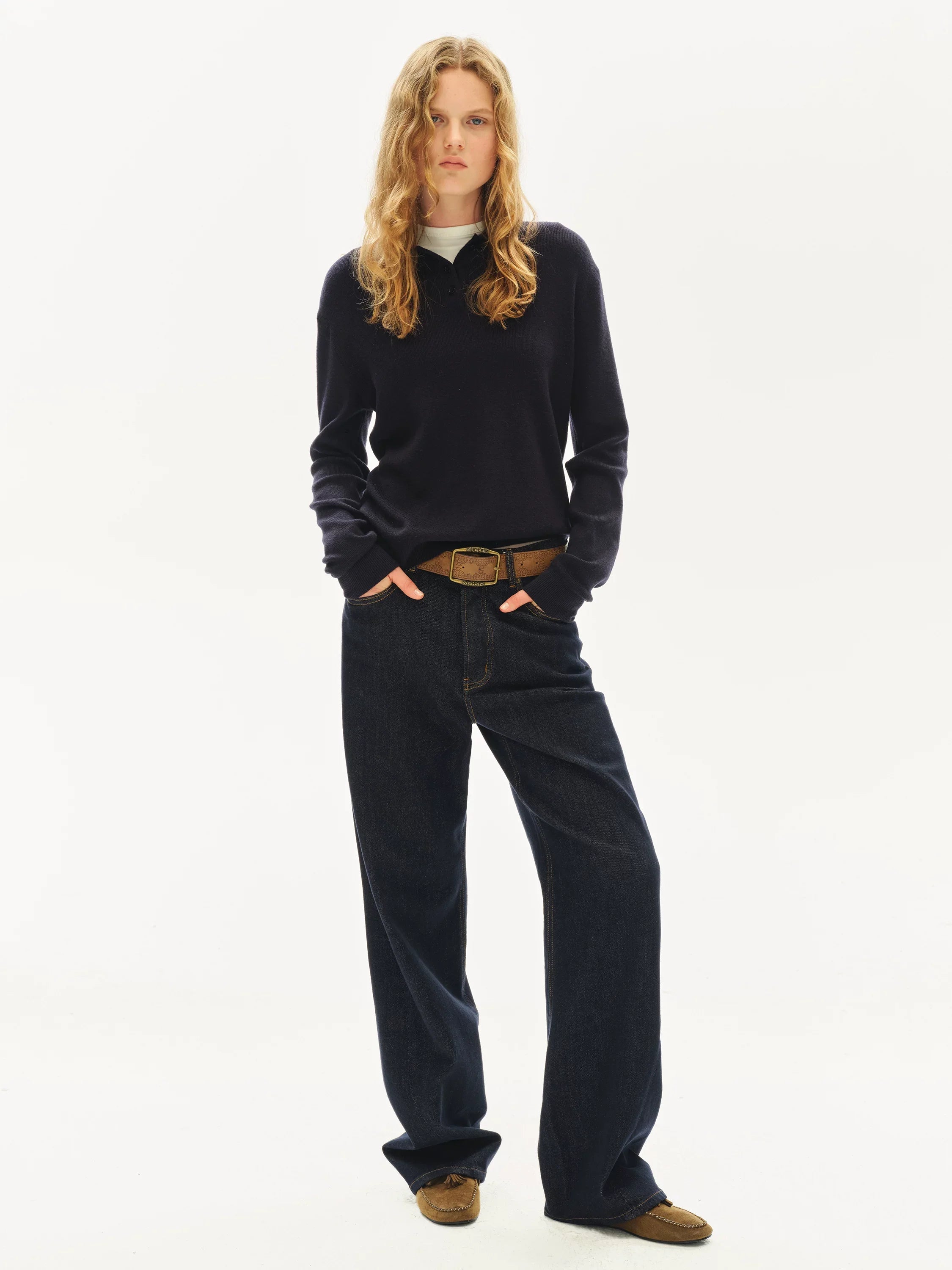 Kybecs| Women’s Vintage Dark Blue Low-Rise Straight Jeans – Loose-Fit Raw Denim for Spring & Summer