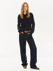 Kybecs| Women’s Vintage Dark Blue Low-Rise Straight Jeans – Loose-Fit Raw Denim for Spring & Summer